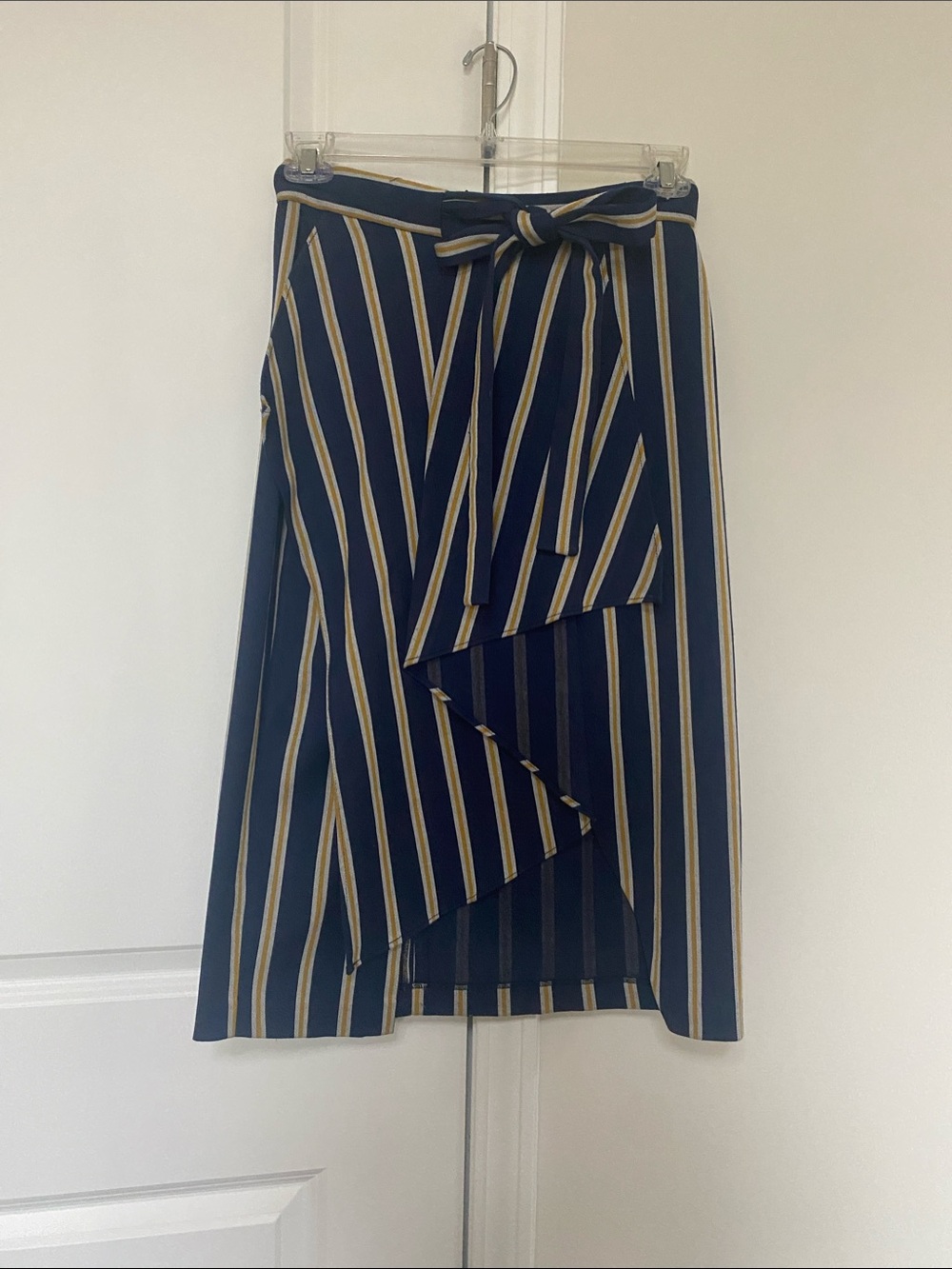 BCBGAxazria Striped Navy Wrap Midi Skirt with Tie Waist